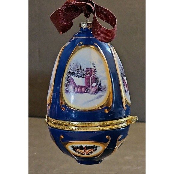Blue Porcelain Hinged Egg Ornament Music Box Plays "Away In A Manger" Church Art - Picture 2 of 9